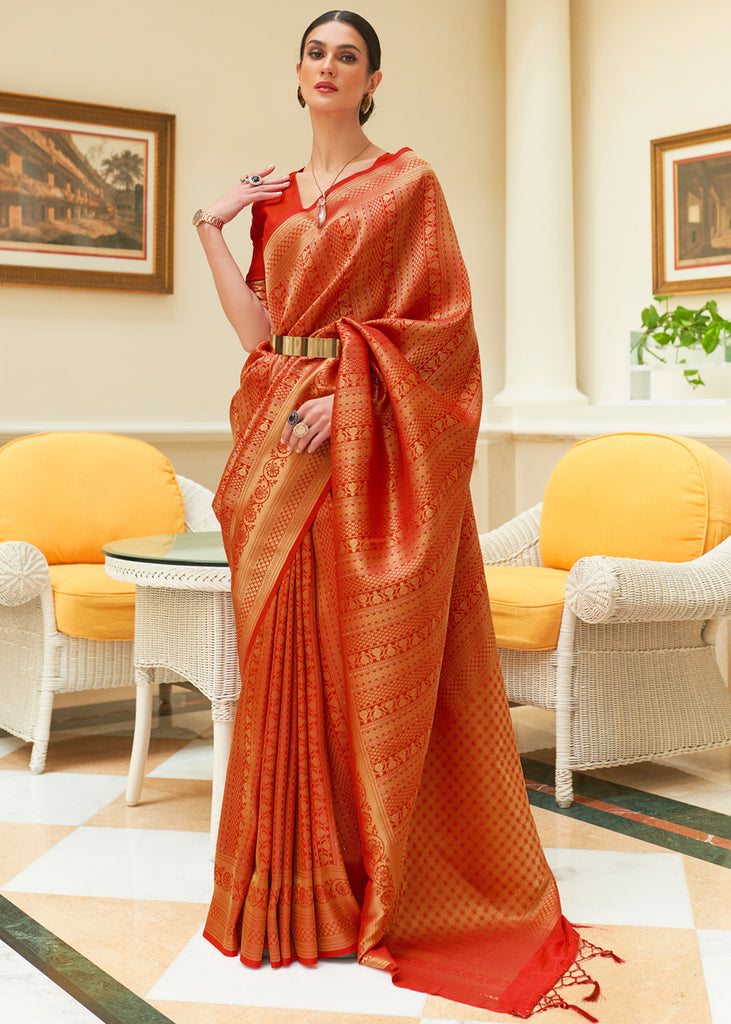 Orange Kanjivaram Silk Weaving Designer Saree - Zakarto
